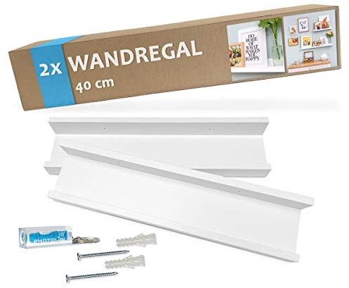 PHOTOLINI Wandregal stabiles MDF-Holz Weiß 40 cm, Schweberegal, 2er Set, modernes Design, Bilderleiste für Fotos, Poster & Deko-Objekte zur flexiblen Gestaltung, U-Form, einfaches Anbringen