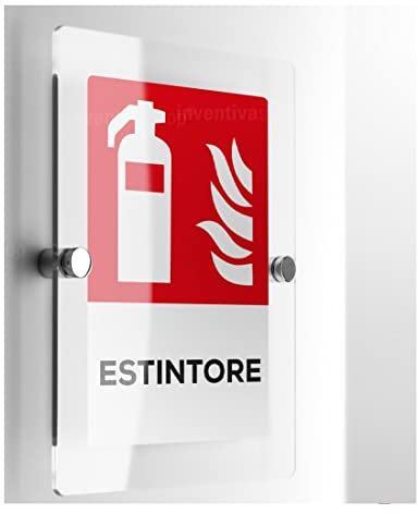 CARTELLO IN PLEXIGLASS SEGNALETICO - ESTINTORE - Con Distanziali in acciaio inox e Stampa U.V. (15X21 cm)