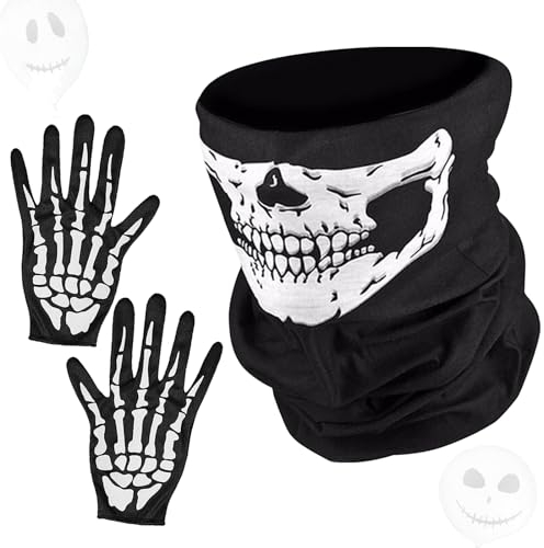 Booaee Schädel Gesichtsmaske,3 PCS Skelett Maske Handschuhe Set,Nahtlos Schädel Gesicht Schlauch Totenkopf Maske Schwarz,Party Kostüm Motorradmaske Knochen Weiß Halloween Cosplay Fasching Damen Herren