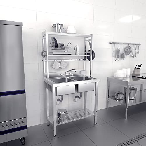 VINGLI 67 2-Compartment Commercial Sink with Shelves Over & Drying Rack Underneath, 304 Stainless Steel Sink Double Basin with Drain for Restaurant, Freestanding Utility Sink for Laundry Room, Garage