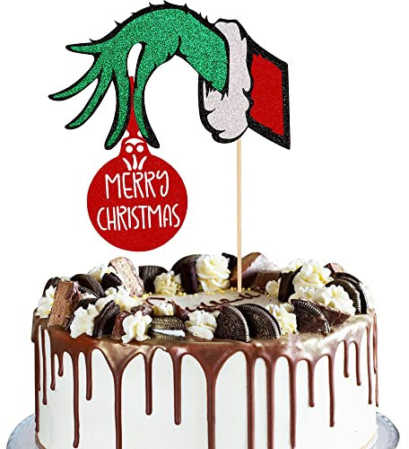 Xsstarmi 1 Pack Merry Christmas Cake Topper with Red and Green Glitter Xmas Cake Pick Merry Christmas Theme Party Sign Cake Decorations Supplies