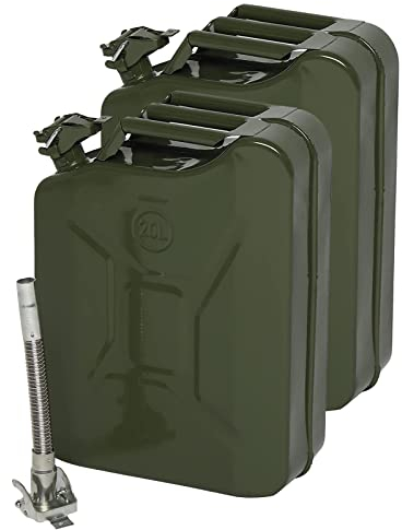 LEADZM Lot de 2 Jerricans Bidons Essence 20L en Métal avec 2 Becs Verseurs Flexibles et Aération – Bidons Carburant en Acier, Étanches aux Odeurs, Norme UN – Pour Essence, Diesel et Bioéthanol (Vert)