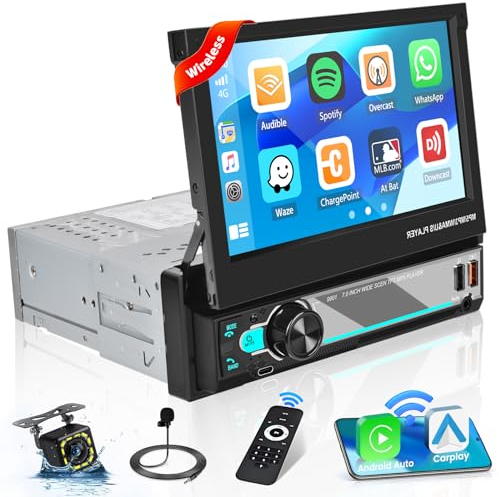 Hikity 7 Pouces Écran Tactile Retractable 1 Din Autoradio Carplay Android Auto sans Fil, Lecteur Poste Radio Voiture Bluetooth Mains Libres avec FM AM Type-C AUX USB SWC Caméra de Recul