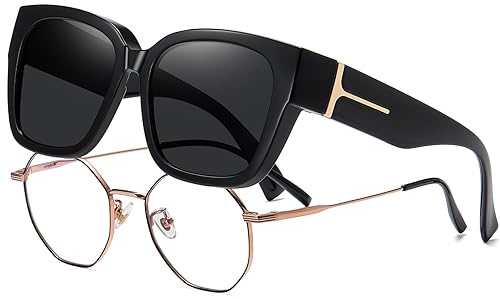 KANASTAL Sovraocchiali da Sole Donna Polarizzati Neri Scuri Uomo UV400 Sovrapponibili sopra Occhiali Vintage Quadrati Alla Moda Black Sunglasses Fit over Glasses -Nero Lucido