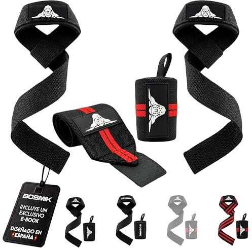 Bosmik - Straps Palestra e Polsini Palestra - Fascette Sollevamento Pesi Imbottite e Polsiere Gym per Fitness, Bodybuilding e Crossfit Accessori - Regalo Palestra per Uomo e Donna (Nero/Rosso)