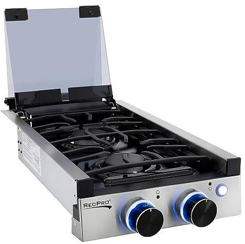 RecPro Table de cuisson à gaz intégrée pour véhicule récréatif | 2 brûleurs ou 3 brûleurs | Cuisinière de table de cuisson pour camping-car | Brûleurs de 6 500 et 8 000 BTU | Housse incluse (acier