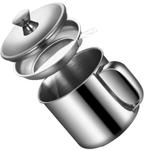 HOMSFOU Stainless Steel Oil Container with Strainer: Cooking Oil Strainer Grease Can for Kitchen and BBQ, Fat Container Jug for Bacon Grease, Dishwasher Safe, 4.9 Inches
