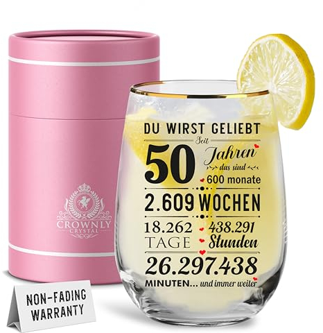 CROWNLY CRYSTAL® Personalisiertes Glas 50. Geburtstag – Geburtstagsgeschenk Frauen Männer – Kristall Cocktailglas Geschenkbox Handgefertigt