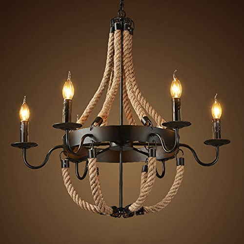 Moderne Pendelleuchten, 6-flammige Kerzenbeleuchtung, Leuchten für Wohnzimmer, Lampe, Hanfseil-Lichter, Wagenrad-Dekor, Esszimmerbeleuchtung mit verstellbarer Kette, hergestellt in To pursue happiness