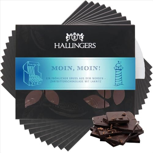 Hallingers Genuss Manufaktur Vegane Schokolade Geschenk - Tafel handgeschöpfter Edelkakao ohne Alkohol edler Karton 10x Moin, Moin! Lakritz, Geschenkidee für Frauen Männer