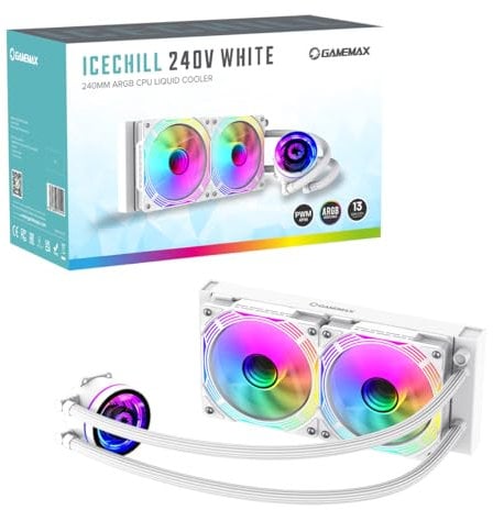 GameMax Ice Chill 240V ARGB CPU Liquid Cooler, AIO Cooler 240mm, 2 x 120mm ARGB Infinity PWM Fans, 800 to 2000RPM, 250W TDP, Supports Intel & AMD, Desktop Compatible