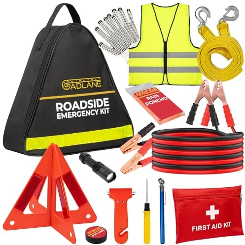 GADLANE Kit d'urgence en cas de panne de voiture – Grand kit d'urgence routier avec triangle d'avertissement, démarreurs, corde de remorquage, kit de premiers secours