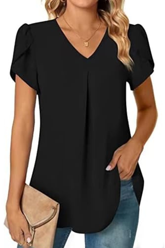 SHEKINI Damblus sommar elegant v-ringad skjorta damer kortärmad tunika skjorta topp flytande volangärmar chiffong toppar lediga blusar