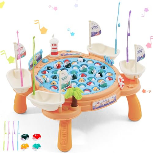 Fishing Game Fishing Toy for Kids with 45 Fishes Table Leg Fishing Poles Musical Fishing Rod Set Rotating Board Games Fish Catching Game Bath Toys Learning Educational Gift for Toddlers Boys Girls 3+