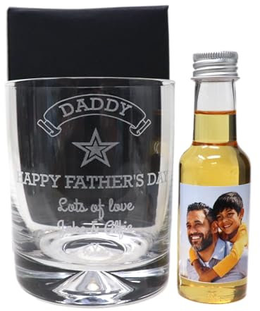 Regalo Personalised Fathers Day Design Glass Tumbler & Photo Design Miniature Alcohol Bottle (Scotch Whisky/Cardboard Gift Box)
