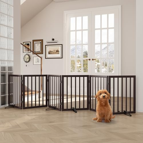 Semiocthome Wood Dog Gates for The House Extra Wide, 6-Panel Freestanding Pet Gates with 4PCS Metal Stands for Doorways and Stairs, Foldable Dog Fences Indoor, Expands Up to 280cm /110 (W)- Espresso