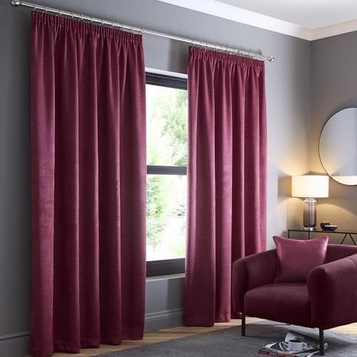Fusion - Wine Red Curtains W90 x L90 (229 x 229cm) - 100% Cotton - 2x Panels - Pencil Pleat Curtains in Red Wine - Soundproof Curtain & Thermal Curtains for Bedroom - Claret Pleated Curtains & Drapes