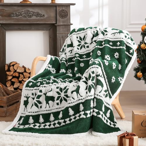 SOCHOW Sherpa Jacquard Fleece Weihnachten Wohndecken Kuscheldecken, weiche und warme, Schneeflocke Gemustert Plüschdecke für Bett, Sofa und Couch,127x150 cm, Grün