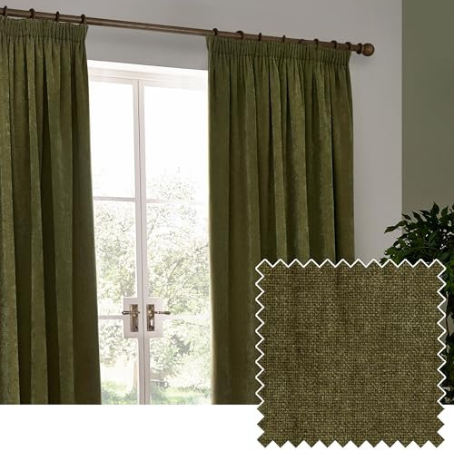 furn. Yard Heavy Chenille Pencil Pleat Curtain Pair – Lined Room Darkening Soft Velvet Curtains (Olive - Width 168 x Drop 137cm)