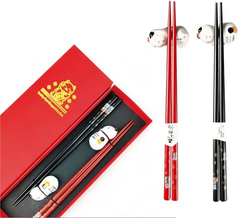 Palillos Japoneses, 2 Pares de Palillos Chinos Antideslizantes, Apto para Lavavajillas, Chopsticks para Sushi y Platos Asiáticos, de Madera Natural Reutilizables con Base de Cerámica de Gato