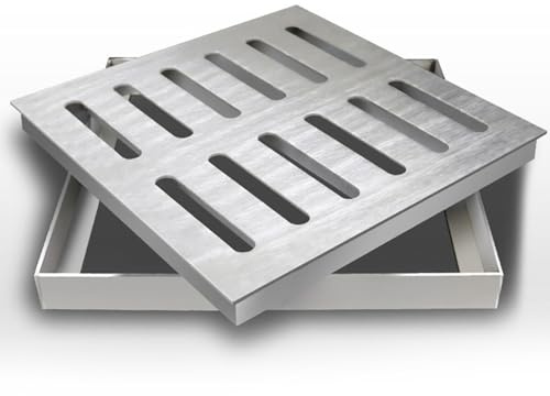 Caniveau Exterieur Grille de Drainage pour Pavés Extérieurs, Grille de Drainage Carrée pour Cour, Couvercle de Drain en Acier Inoxydable 304 avec Base, Couvercles de Crépine de Drain pour Égouts(15x15
