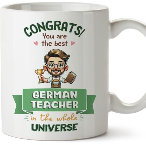 MUGFFINS German Teacher Man Mug - in English - Best in Universe Trophy - Funny Gift for Colleagues - Ceramic 11oz Mug