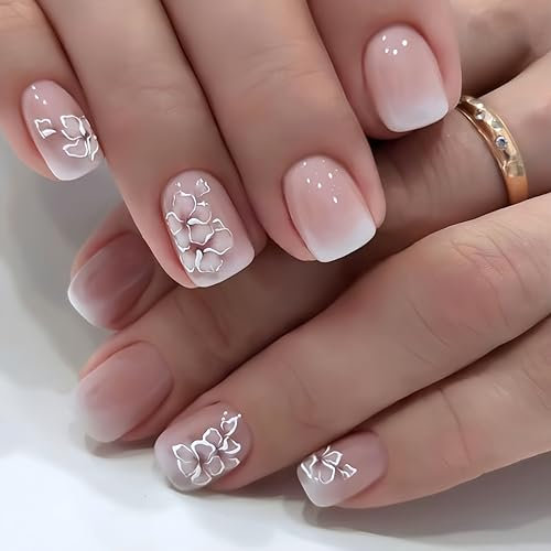 Ombre Pink French False Nails Short Square with Spring Floral Design, SXVME Gradient Pink Press on Nails Short Square, Cute Floral Fake Nails Glue on Nails Acrylic Stick on Nails for Women in 24 Pcs