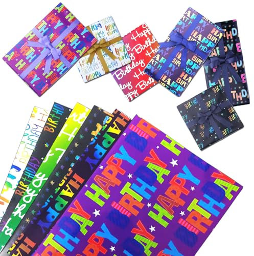 Liiqin 6 Stück Geschenkpapier 50 cm x 70 cm für Geburtstag - Geschenkverpackung für Kinder, Jungen, Mädchen in Schwarz