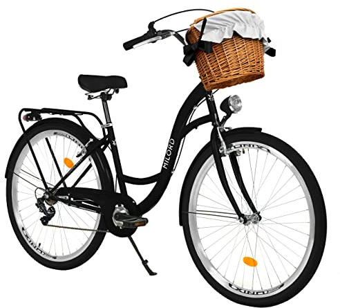 MILORD Damenfahrrad Citybike Komfort Mit Weidenkorb Hollandrad Vintage Fahrrad, 26, 28 Zoll, 7-Gang
