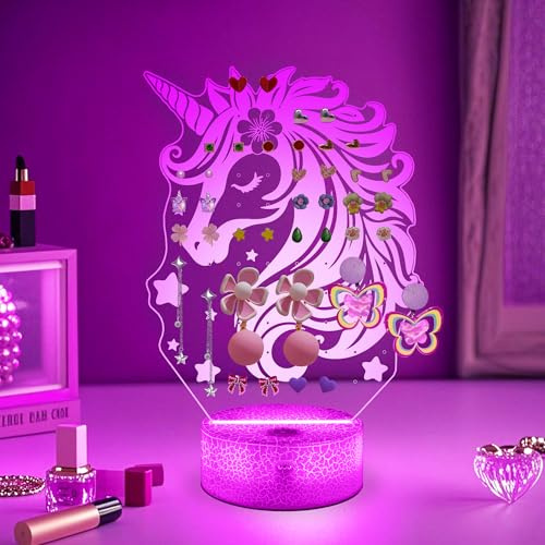 CoolGift Mart Magical Unicorn 3D leuchtende Acryl Desktop Ohrring Veranstalter - 16-Farben-LED-Display mit 77 Ohrring Löcher & Smart Mood Lighting mit Timer