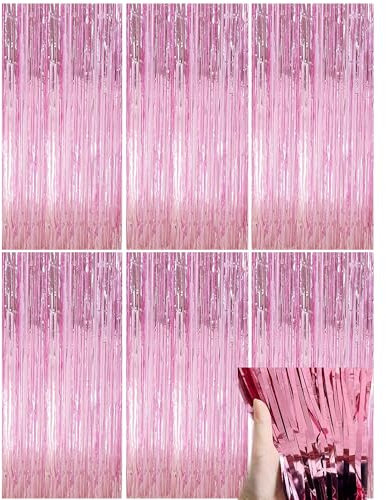6 Stück Lametta Vorhang 1m x 2m, Glitzervorhang Lametta, Glitzer Party Vorhang, Folien Fransen Hintergrund fur Party Deko Geburtstagsdeko Hochzeit Festivals Bühnendekor (Pink)