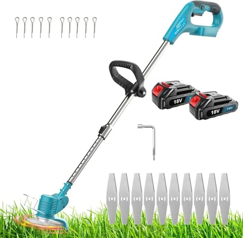 Akku-Rasentrimmer mit 2X 3.0AH Akku,Elektrischer Rasentrimmer Ersatz für Makita 18V BL1830,inkl.10x Metallklinge, 90° Drehkopf,für Garden-450W