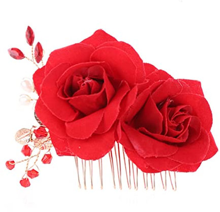 DEARMAMY 1 Pièce Peigne à Cheveux Fleur Strass Mariages Accessoire Peigne à Cheveux Rose Accessoires De Cheveux Roses Peigne à Cheveux De Mariée Accessoires De Cheveux De Mariage Rouge