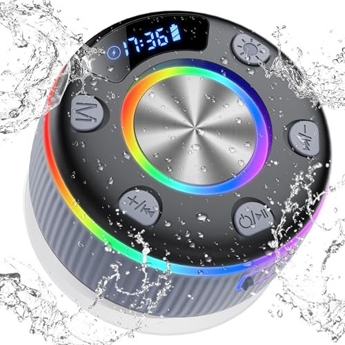 Bluetooth Shower Speaker, Portable Wireless Speaker with Time Display, 2025 IP7 Waterproof Mini Speakers with 360° Stereo Bass Sound, RGB Lights, Bulit-in Mic, Suction Cup for Bathroom, Travel, Grey