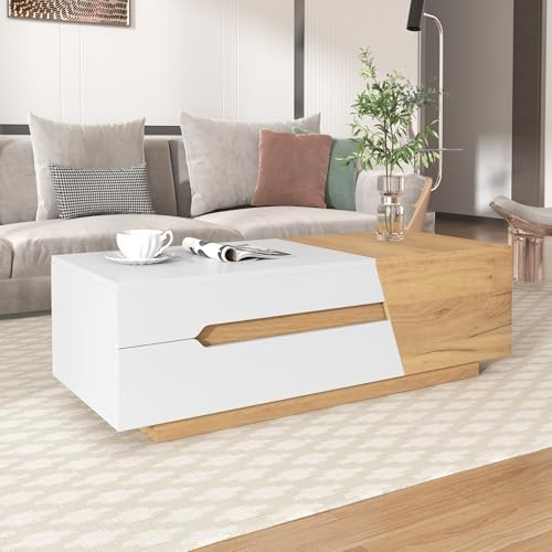 Merax Ausziehbarer Couchtisch 120x50x37,5 cm, mit Schubladen, Beistelltisch mit Schiebemechanismus, für Wohnzimmer, Weiß+ Holzfarbe