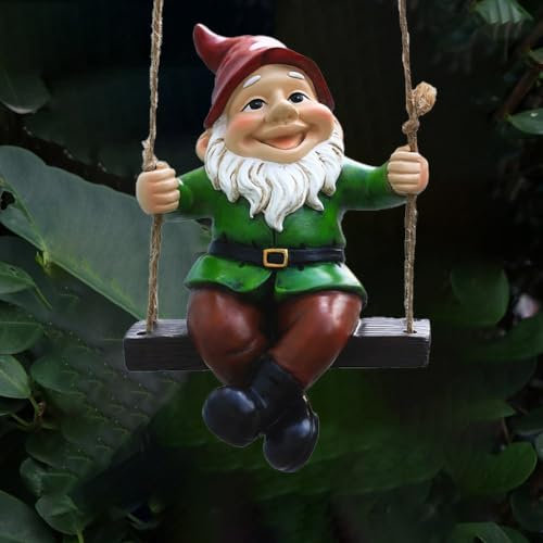HpLive Harz Gartenzwerg auf Schaukel Statue Gartendeko Hängend Harzdeko Gartenfigur für Außenbereich Terrasse Balkon, 21x13x10cm