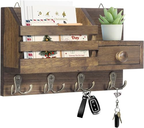 Irayin Key and Mail Holder for Wall, Mail Organizer Wall Mount with 8 Hooks and Storage Drawer, Easy Installation Key Rack for Entryway and Home Decor, Brown