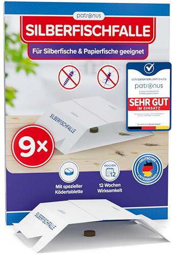 Patronus Silberfischfalle [9 piezas] - Trampa adhesiva de monitoreo con cebo no tóxico incl. E-Book sobre el tema: combatir pececillos de plata - Trampa de papel para peces para todos los espacios