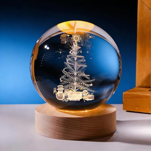 TaimeiMao 3D Kristallkugel Nachtlicht, 60mm Vierblättriges Glücksbringer Kleeblatt Kristallkugel, Glaskugel Lampe Deko mit Holzsockel, Weihnachtsgeschenke Nachtlicht für Kinder zur Taufe, Geburtstag