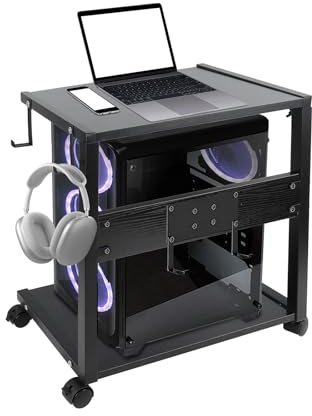 Porta PC con Rotelle, Supporto per Computer Tower Regolabile in Altezza | Mobile per Stampante con 4 Ganci, per Scrivania e Pavimento (58.5-72 cm)