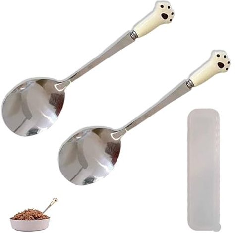 2 PCS Pet Food Scoops Stainless Steel Pet Food Spoon Cute Kitten-Shaped Feeding Spoon with A Transparent Box Suitable for Feeding Food to Cats and Dogs