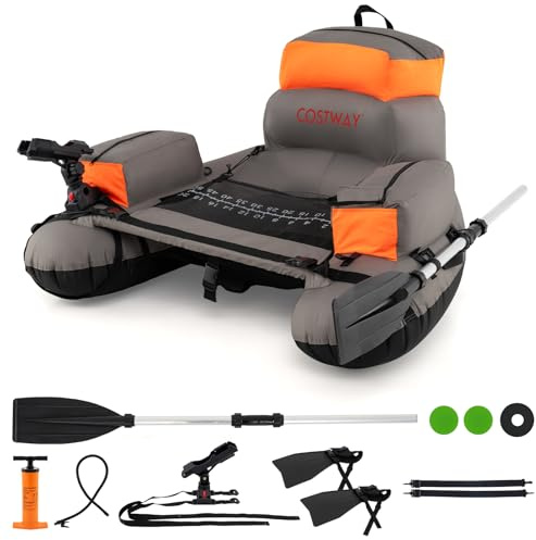 COSTWAY Inflatable Fishing Float Tube, Fishing Boat with Pump, Adjustable Straps, Paddle, Pockets, Fish Ruler, Rod Holder & Flippers, 150kg Capacity Adult Belly Boat