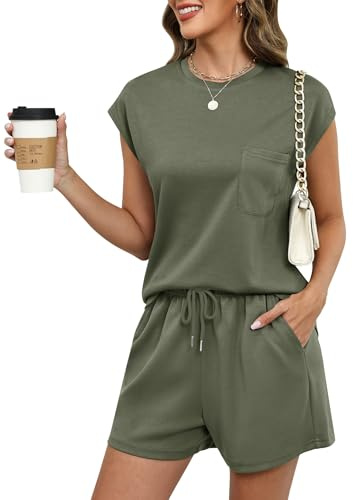 Rapbin Tvådelad jumpsuit för kvinnor, hemkläder, ledig, sommar, med vingärmar och shorts, med fickor och dragsko, Armégrön, M
