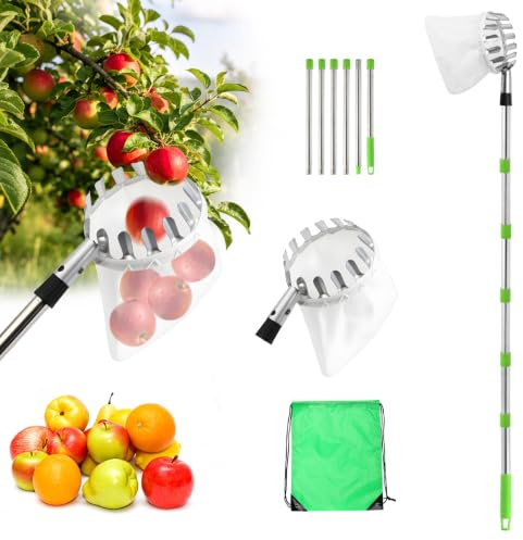 LLUKEME Obstpflücker mit Teleskopstiel 2,4 m | Apfelpflücker mit 6-teiligem Edelstahl-Set, Baumwollbeutel & Tragetasche für Äpfel, Kirschen, Pflaumen und Baumobst