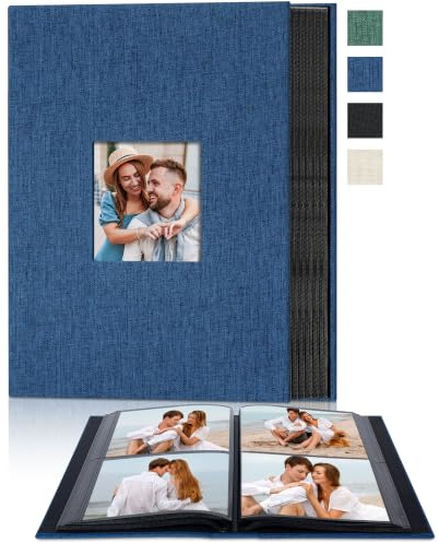 Remowith Stoff-Fotoalbum 10x15 200 Fächer mit Sichtfenster vorne, Blau | Hohe Kapazität, Horizontale Einschübe, Säurefreie Seiten, Staub- Und Wasserdicht, Für Familien- Und Reisefotos