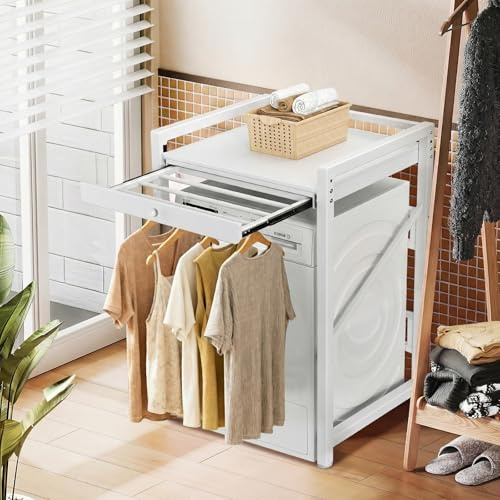 Regal über Waschmaschine, Waschmaschinenschrank mit Trockner mit Auszugregal, 2 Einstellbare Höhe, Waschmaschinen Regal mit dicker Stahlrahmen, Bis zu 350kg(75 * 63,5 * 105cm) (Regal mit Schubladen)