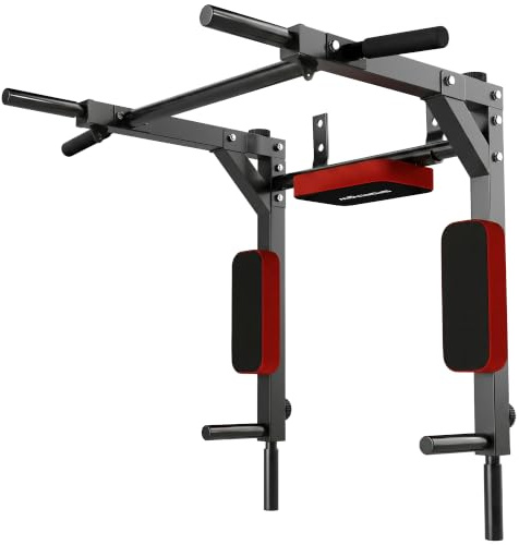 SPORTNOW Barre de Traction Murale 2-en-1, Station à Dips 200 kg Rouge | Barre de Tractions et Station à Dips, Station de Musculation en Acier, Poignées Antidérapantes, Coussins Coude et Dos