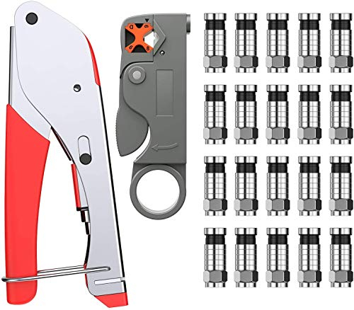 Outils de Sertissage,Proster Sertisseuse de Terminaux de Coaxiaux avec Pince à Dénuder 20 Connecteurs Type F Coupe-fil Réglable pour Câble Coaxial RG 6/ RG 58/ RG 59/ RG 174