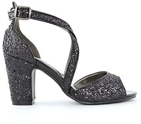 ESSEX GLAM Womens Strappy Sandals Block Mid Low Heel Sparkly Ladies Ankle Strap Glitter Party Evening Bridal Shoes Size 3-8