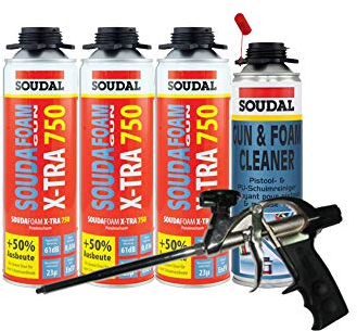 Soudal Kombi Set 3 x Soudafoam B2 X-TRA750 500ml Pistolenschaum Verfüllung Bauanschlussfugen inkl. Reiniger - gebrauchsfertig, schall- und wärmedämmend, genaue Dosierung, formstabil